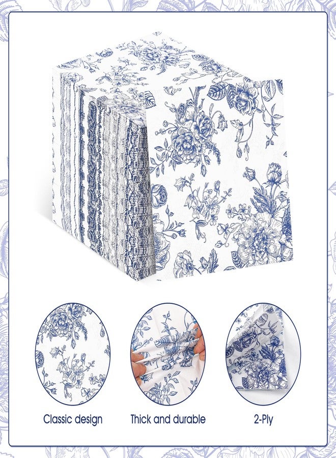 Elyxio 100 Floral Party Napkins Blue Floral Paper Napkins Vintage Bouquet Flowers Disposable Cocktail Luncheon Napkins for Garden Tea Party Birthday Party Supplies (Blue) - Image 3